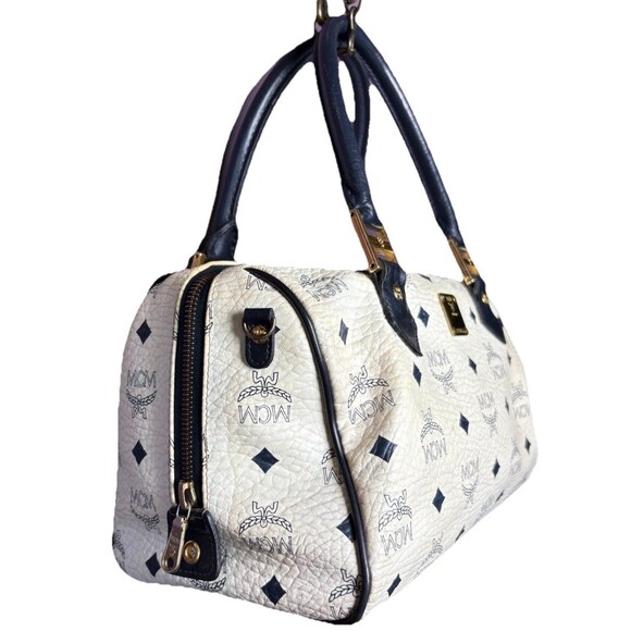 MCM Vintage Navy & White
Visetos Boston Leather Handbag w/Gold MCM Logo - Picture 4 of 16